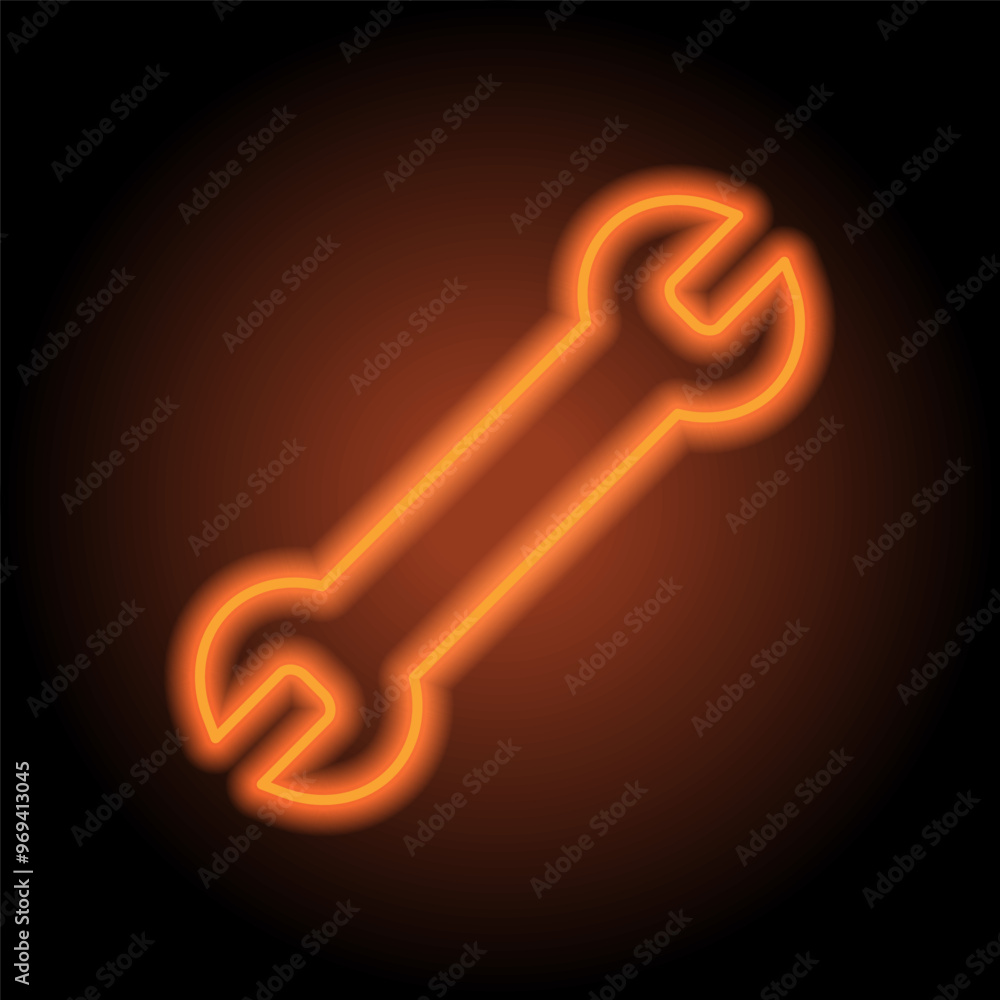 Wrench simple icon vector. Flat design. Orange neon on black background Wrench simple icon vector. Flat design. Orange neon on black background