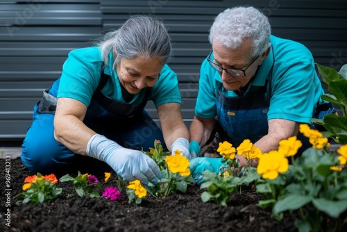 A caregiver and resident planting flowers in the care homeâ€™s garden, nurturing both the plants and their friendship