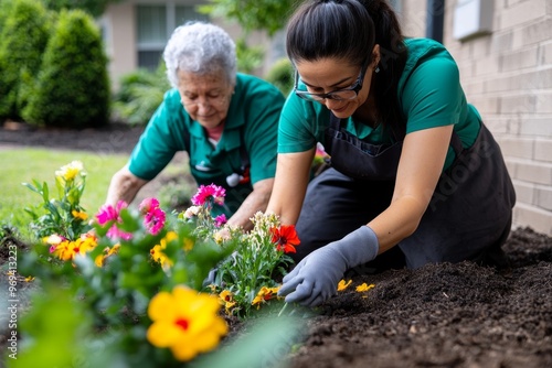 Fototapeta Naklejka Na Ścianę i Meble -  A caregiver and resident planting flowers in the care homeâ€™s garden, nurturing both the plants and their friendship