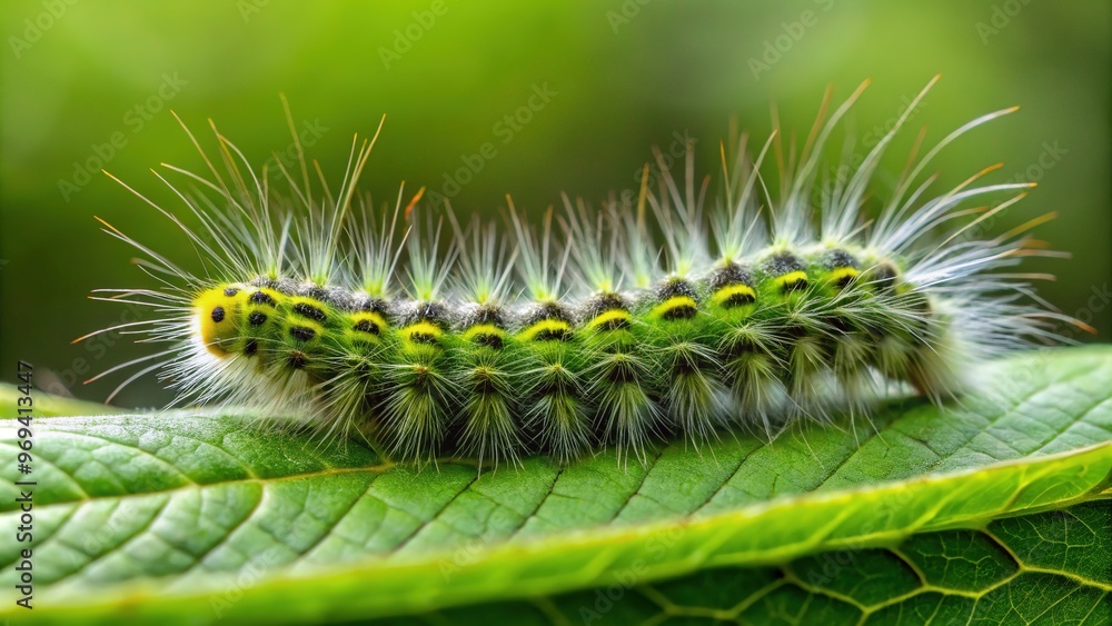 A fuzzy green caterpillar wraps itself around a leaf's stem, its dark line tracing a path down the middle of its chunky, fuzzy body. A fuzzy green caterpillar wraps itself around a leaf's stem, its dark line tracing a path down the middle of its chunky, fuzzy body.