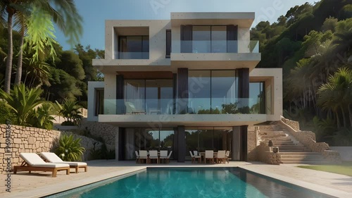 Wallpaper Mural A swimming pool behind a minimalist luxury villa with a relaxed and comfortable atmosphere. Seamless 4K looping timelapse video animation background Torontodigital.ca