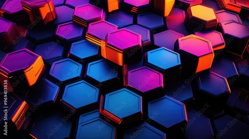 Abstract art of colorful hexagonal shapes on a dark background, representing creativity and modern design Abstract art of colorful hexagonal shapes on a dark background, representing creativity and modern design