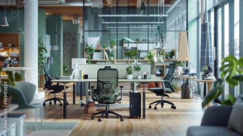 Modern office space with green plants, large windows, and comfortable chairs for a productive working environment.