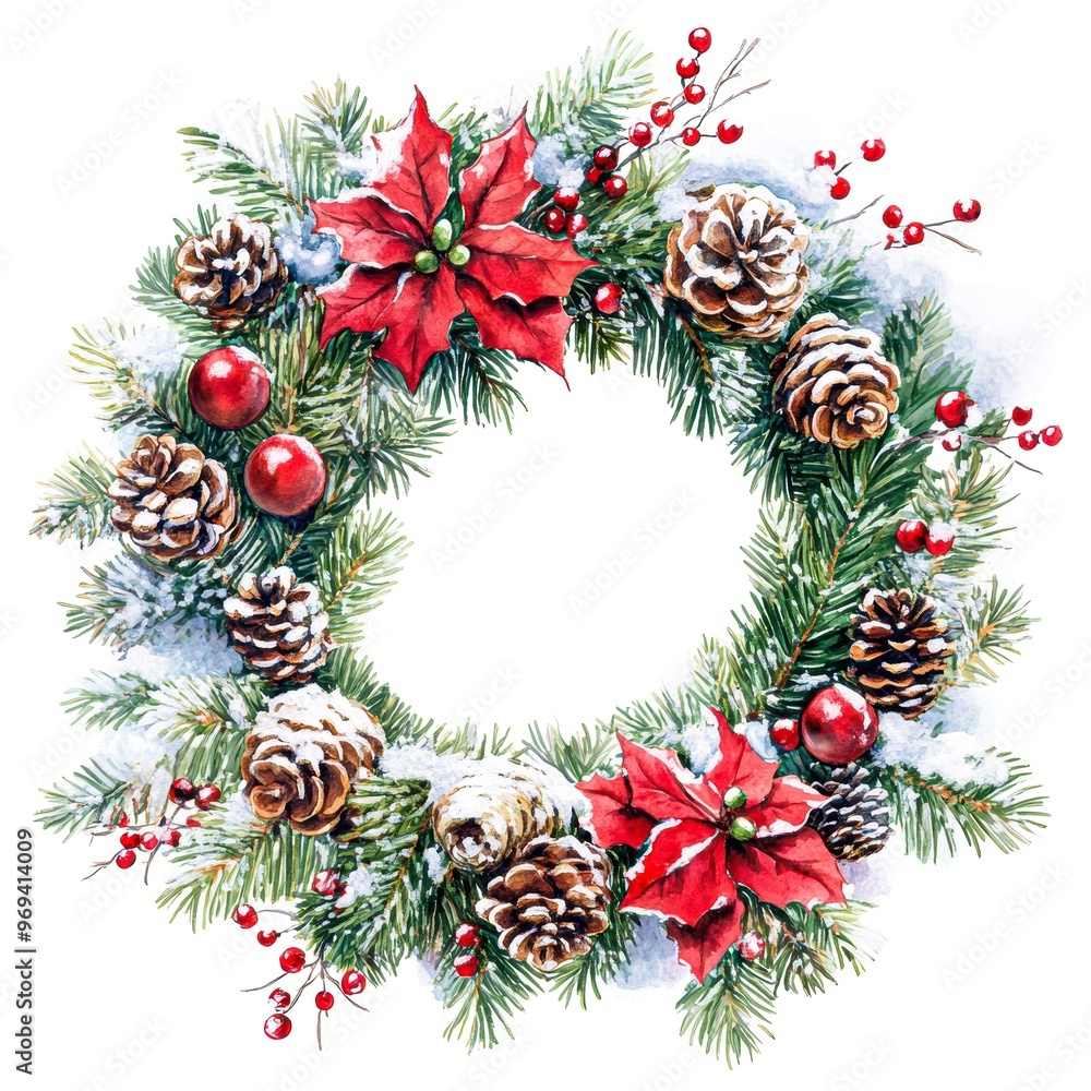Fototapeta premium Festive Christmas wreath adorned with red poinsettias, pinecones, berries, and snow-covered foliage, perfect for holiday decorations, greeting cards, or seasonal promotions,