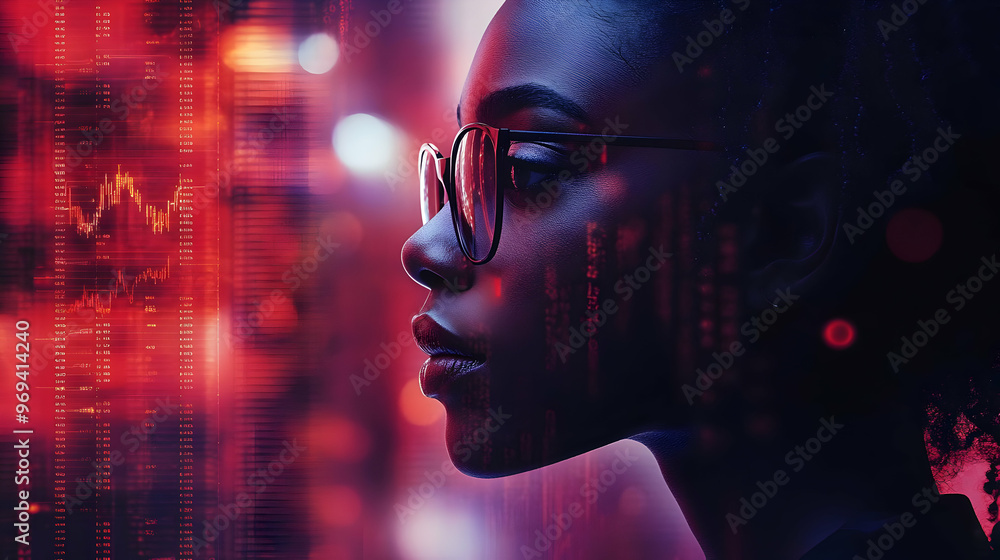 A profile of a person with glasses, surrounded by digital data and vibrant colors. A profile of a person with glasses, surrounded by digital data and vibrant colors.