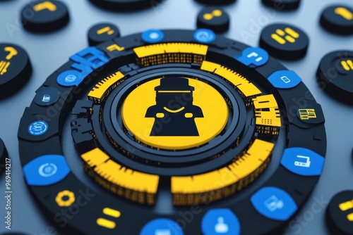 Simplified graphics of a black hat hacker figure surrounded by layers of encrypted code cracking open a digital lock. photo