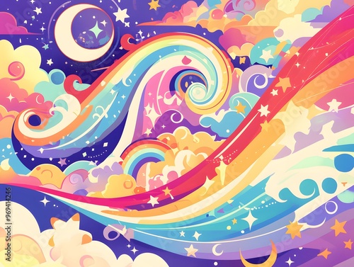 Abstract Night Sky with Rainbow and Stars