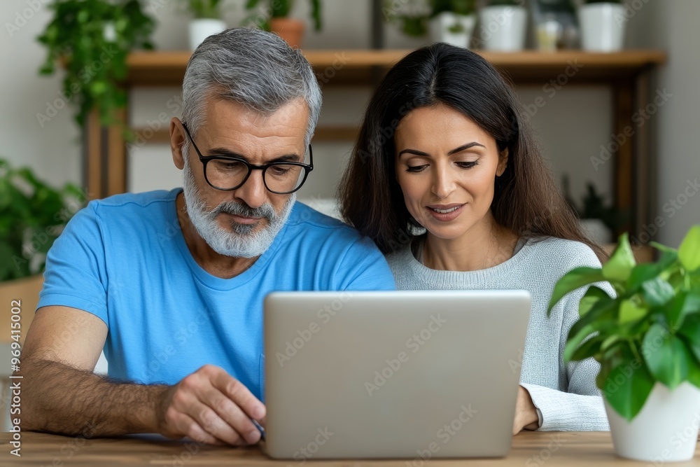 Fototapeta premium A couple researching prostate cancer treatment options together, navigating medical websites and learning about potential outcomes