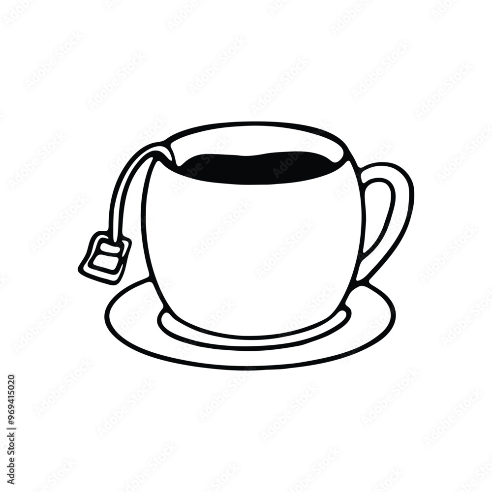 hand drawing of a tea cup with a tea bag hanging from the rim hand drawing of a tea cup with a tea bag hanging from the rim