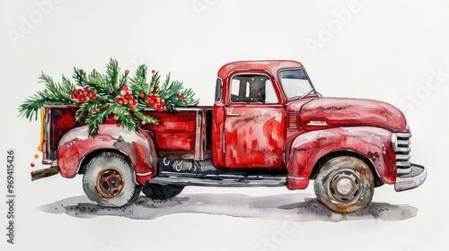Red Pick Up Truck. Vintage Pick Up Truck with Christmas Tree Branches in back. Pine Tree Branches in a red pick up truck. Merry Christmas. Happy Holidays