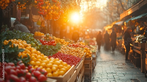 Vibrant outdoor market with fresh produce at sunset