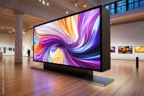 Wallpaper Mural A digital art installation on a giant video wall, where abstract animations react to visitorsâ€™ movements in a modern art museum Torontodigital.ca