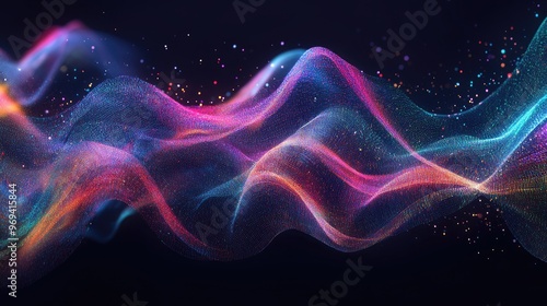 An abstract wave of colorful data streams flowing through a dark background, representing data flow and exchange -