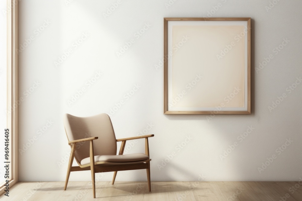 A chair by a woodframe frame in an empty home furniture armchair canvas. A chair by a woodframe frame in an empty home furniture armchair canvas.