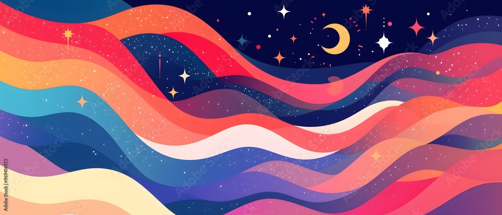 Abstract Night Sky with Wavy Lines and Stars Abstract Night Sky with Wavy Lines and Stars