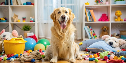 A goofy golden canine sits tall, tongue lolling, paws clasped, as if pondering life amidst a messy nest of toys and bedding. photo