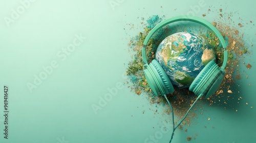 Earth with headphones on green background, creative concept