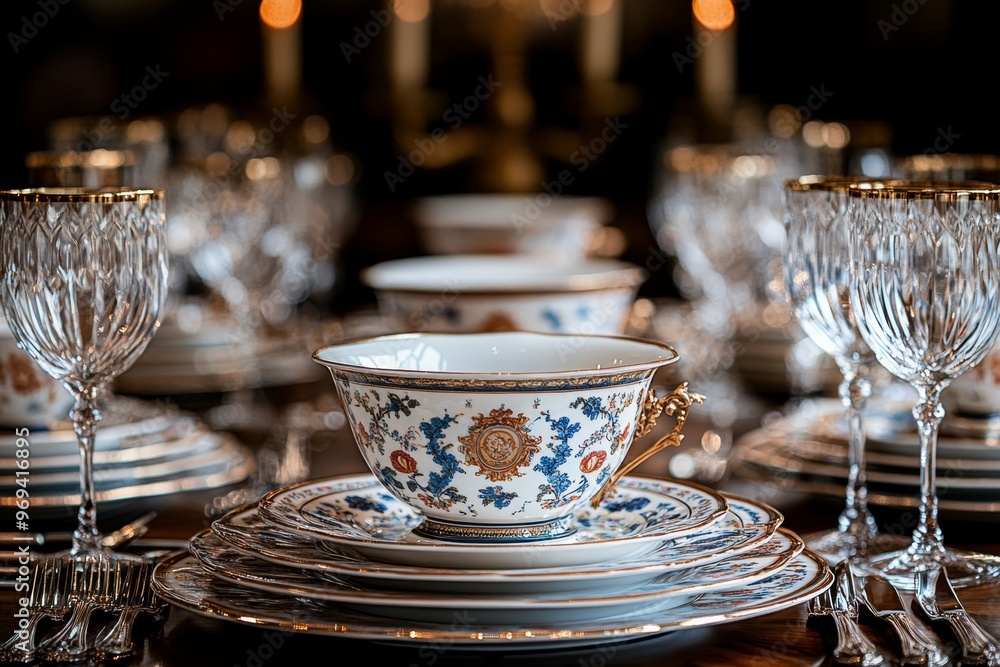 Fototapeta premium Elegant table setting with floral decorations and fine china