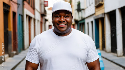 Plus size black man wearing white t-shirt and white baseball cap standing in a city alley