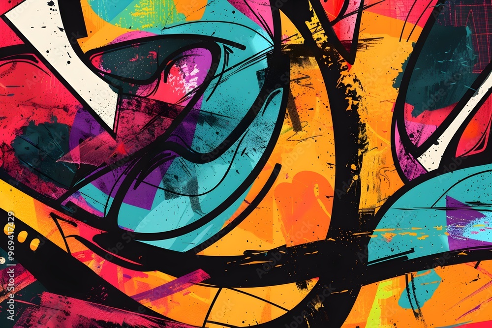 Vibrant street art mural featuring bold abstract shapes and dynamic brushstrokes in striking colors of orange, teal, purple, and black. Vibrant street art mural featuring bold abstract shapes and dynamic brushstrokes in striking colors of orange, teal, purple, and black.