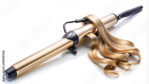 * A hairstyling tool and cylindrical device combine to create varying textures and curls in human hair, sculpting unique styles. photo