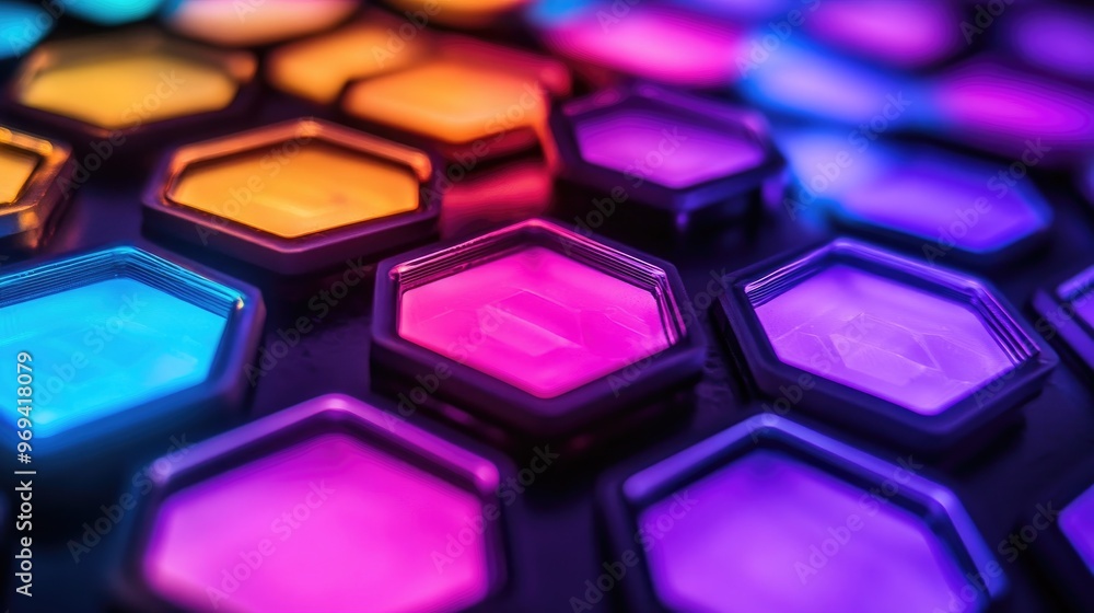 Close-up of a hexagonal LED light panel with glowing colors, symbolizing modern lighting design Close-up of a hexagonal LED light panel with glowing colors, symbolizing modern lighting design