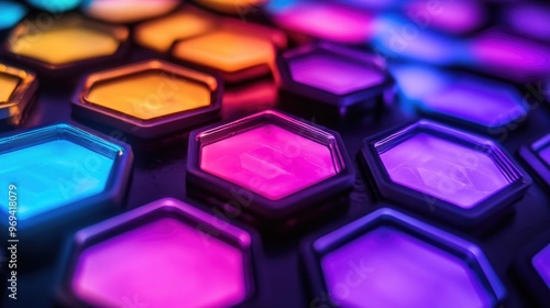 Close-up of a hexagonal LED light panel with glowing colors, symbolizing modern lighting design