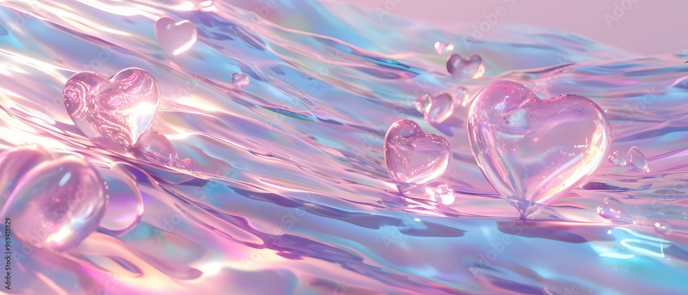 Iridescent Heart Shapes on Abstract Shiny Pink and Blue Background Iridescent Heart Shapes on Abstract Shiny Pink and Blue Background