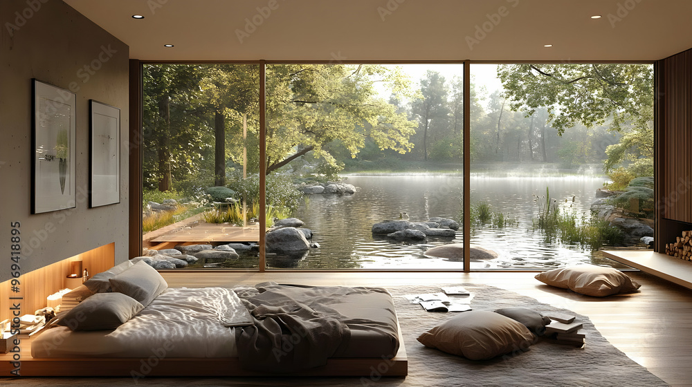 A serene bedroom with a view of a tranquil lake and lush greenery outside. A serene bedroom with a view of a tranquil lake and lush greenery outside.