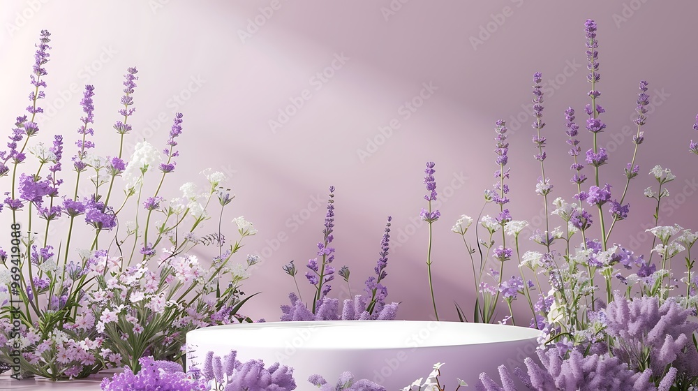Lilac abstract field studio beauty flower cosmetic podium with spring lavender floral arrangement and plant backdrop