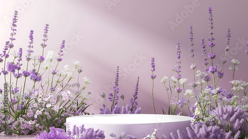 Obraz na płótnie Lilac abstract field studio beauty flower cosmetic podium with spring lavender floral arrangement and plant backdrop w salonie