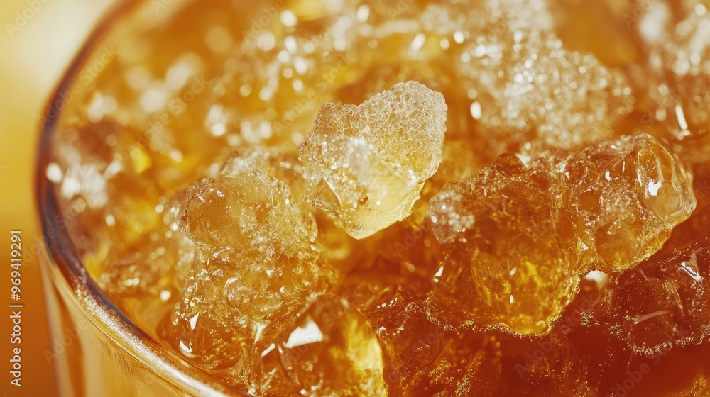 Close-up of sugar crystals floating in a glass of iced tea, capturing the refreshing summer vibe Close-up of sugar crystals floating in a glass of iced tea, capturing the refreshing summer vibe
