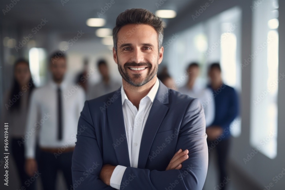 Confident business leader standing smiling office. Confident business leader standing smiling office.