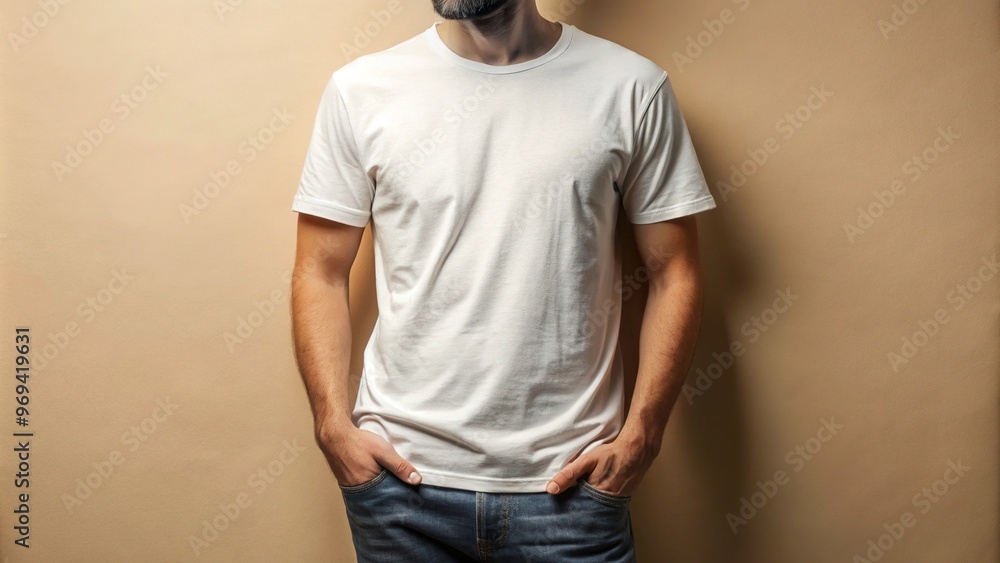 A laid-back, casual white t-shirt adorned with a neutral background, exuding a sense of relaxed comfort and effortless style, perfect for everyday wear. A laid-back, casual white t-shirt adorned with a neutral background, exuding a sense of relaxed comfort and effortless style, perfect for everyday wear.