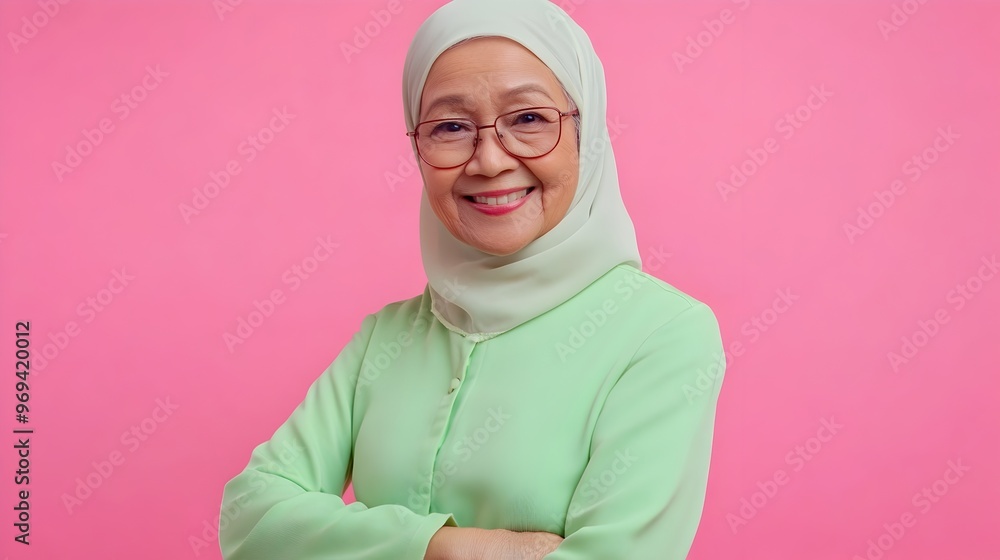 Fototapeta premium Confident Middle-aged Muslim Woman in Green Hijab Smiling Brightly