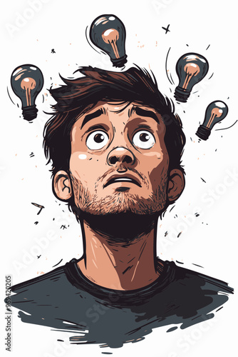 Illustration of a Thoughtful Man with Lightbulbs