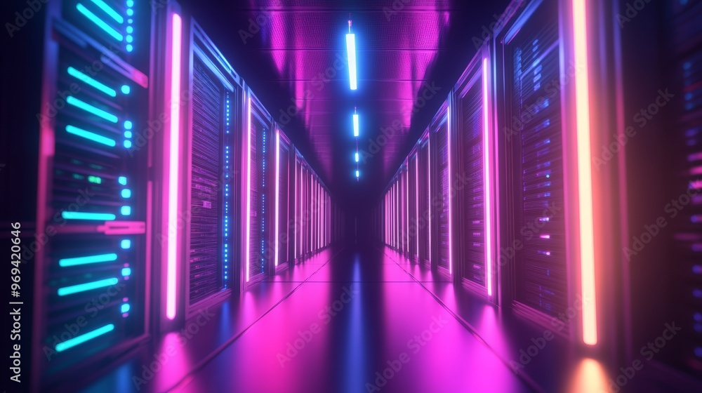 A futuristic data center corridor illuminated by vibrant neon lights, showcasing sleek servers in a high-tech environment. A futuristic data center corridor illuminated by vibrant neon lights, showcasing sleek servers in a high-tech environment.