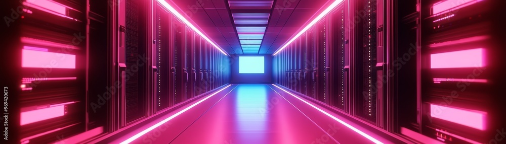 A futuristic corridor illuminated by vibrant pink and blue lights, showcasing high-tech server racks in a modern digital environment. A futuristic corridor illuminated by vibrant pink and blue lights, showcasing high-tech server racks in a modern digital environment.
