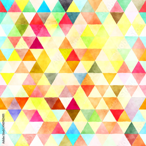 A colorful pattern of overlapping triangles in a watercolor style, creating a vibrant and artistic texture.