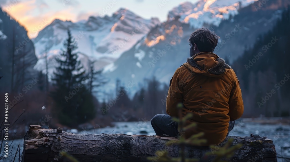 A man sits on a log by a river, looking out at the mountains A man sits on a log by a river, looking out at the mountains