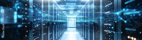 Futuristic data center with glowing lights and servers, illustrating connections and advanced technology in a modern environment. photo