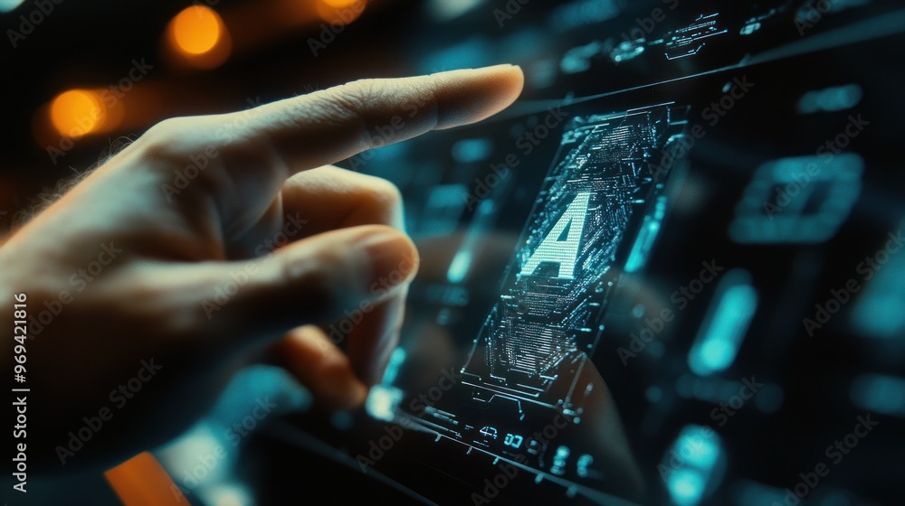 Pointing towards AI display with futuristic digital graphics Pointing towards AI display with futuristic digital graphics