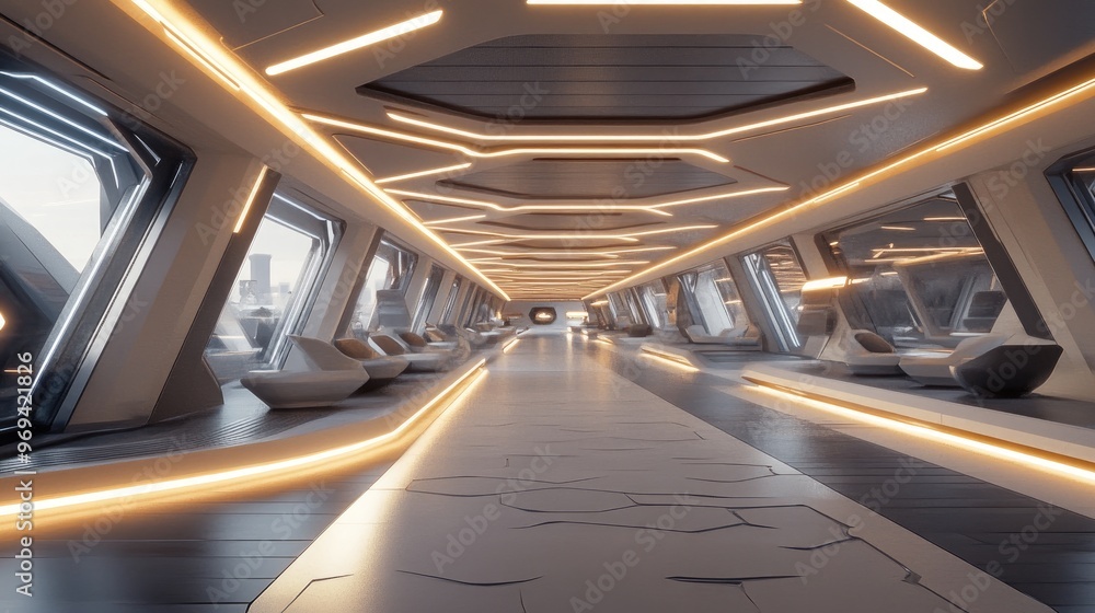 Obraz premium Interior of a futuristic train station with hexagonal design elements in flooring and seating areas