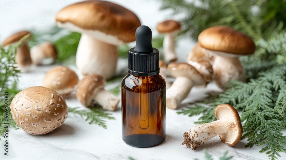 An amber dropper bottle surrounded by fresh mushrooms and green foliage, showcasing natural beauty and herbal wellness. An amber dropper bottle surrounded by fresh mushrooms and green foliage, showcasing natural beauty and herbal wellness.
