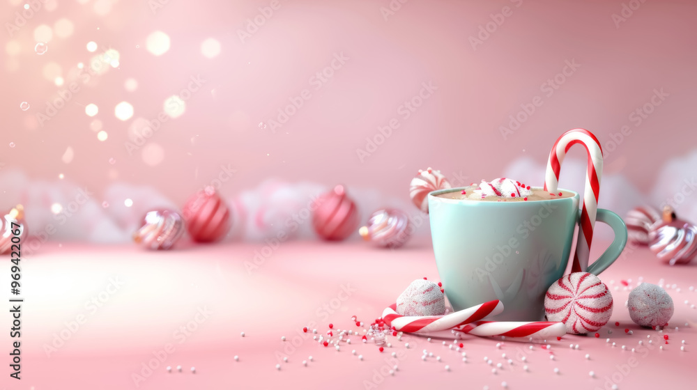 Peppermint Hot Chocolate with Candy Canes on Pink Background Peppermint Hot Chocolate with Candy Canes on Pink Background
