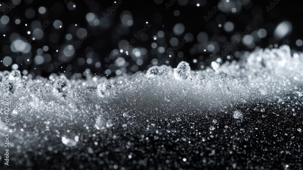 Macro shot of sugar forming a delicate frost-like pattern on a black background, emphasizing intricate details Macro shot of sugar forming a delicate frost-like pattern on a black background, emphasizing intricate details
