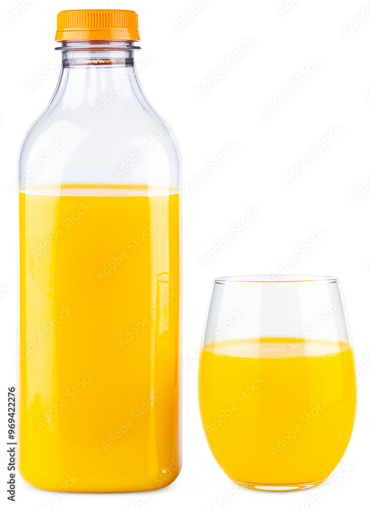 Orange juice bottle and glass. Organic orange or lemon juice in plastic bottle. One gallon or liter cold Juice for smoothie. Fresh fruit juice for drinking cocktail. Vitamin citrus tropical lemonade Orange juice bottle and glass. Organic orange or lemon juice in plastic bottle. One gallon or liter cold Juice for smoothie. Fresh fruit juice for drinking cocktail. Vitamin citrus tropical lemonade