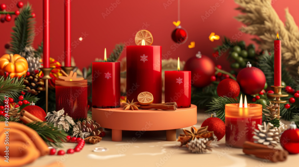 Red Christmas Candles with Festive Ornaments and Pine Decorations Red Christmas Candles with Festive Ornaments and Pine Decorations