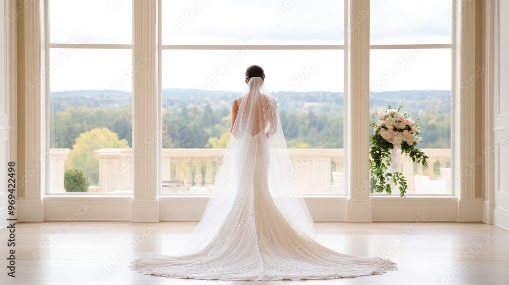 bride standing by a large window, looking out at the scenery, with her veil and gown cascading around her in a luxurious bride standing by a large window, looking out at the scenery, with her veil and gown cascading around her in a luxurious