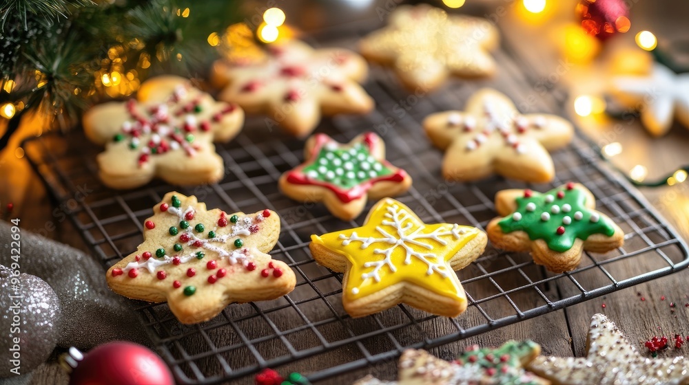 Sugar cookies in various shapes and colors, displayed on a cooling rack with holiday-themed decorations around